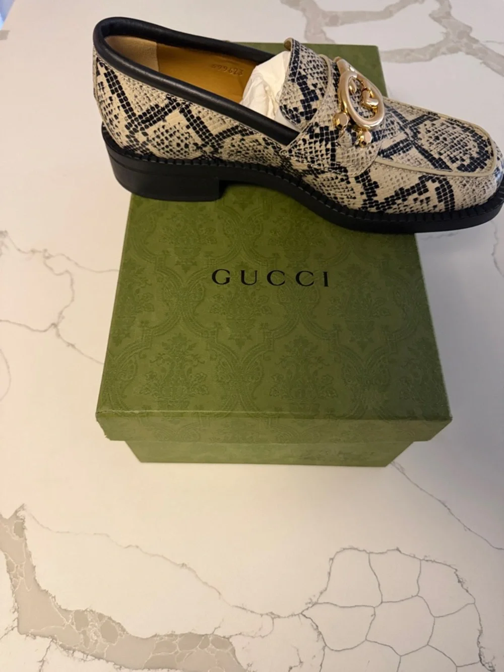 Gucci Black & White Snake-Print Marmont Loafers with Gold GG Authentic!!